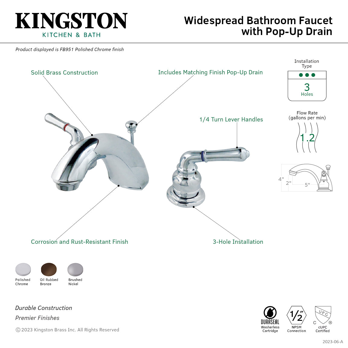 Kingston Tulare FB955Two-Handle 3-Hole Deck Mount Widespread Bathroom Faucet with Pop-Up Drain, Oil Rubbed Bronze — thumbnail 2